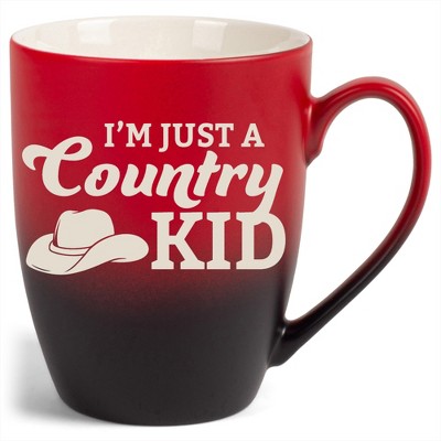 100 North Cowboy Hat 10 Ounce Red and Black Two Toned Ombre, Comfortably Fits Your Hands, Ceramic Tea Coffee Cup Mug, I'm Just A Country Kid