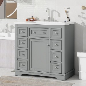36'' Bathroom Vanity, Single Sink Bathroom Vanity Cabinet With Door Cabinet, 6 Drawers, Top Sink Modern Freestanding Bathroom Storage Cabinet, Grey - 1 of 4