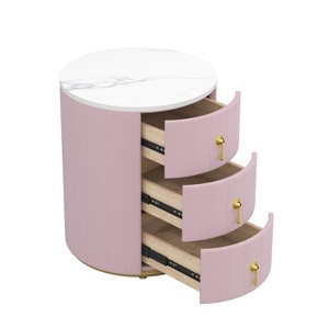Vynxaria 2-Set Pink Upholstered Nightstand with 3 Drawers Round Bedside Table Metal Handles Marbling Stickers Top - 1 of 4