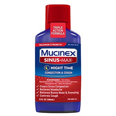 Mucinex Sinus-Max Max Strength Night Time Cough & Congestion Relief Liquid 6Oz