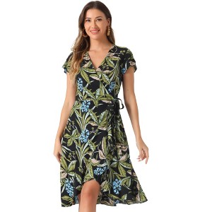 Allegra K Women's Tie Waist Beach Tropical Floral Printed Midi Wrap Dress - 1 of 4