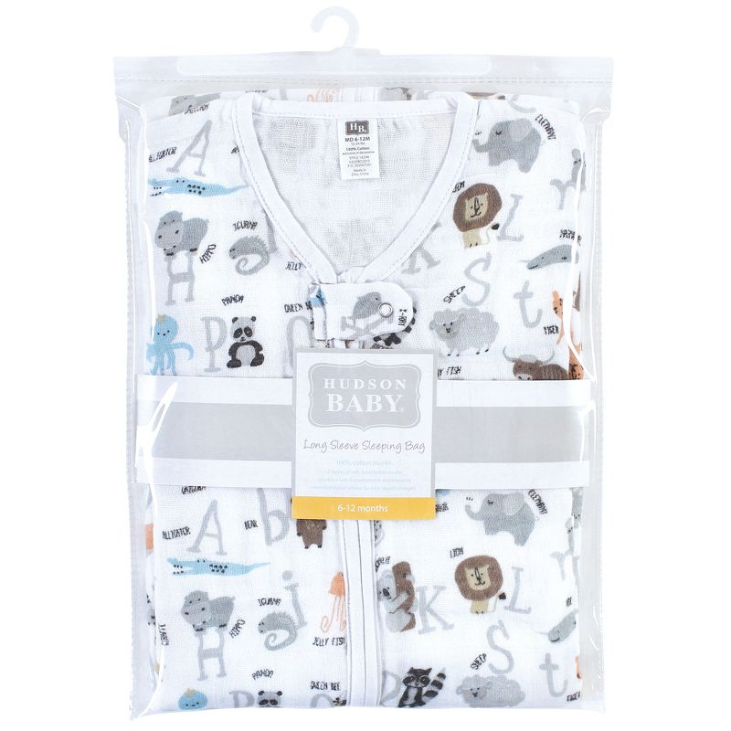 Hudson Baby Unisex Baby Long Sleeve Muslin Sleeping Bag, Wearable Blanket, Sleep Sack, Alphabet Animals, 3 of 4