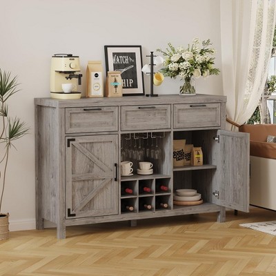 Wine Bar Cabinet, Coffee Bar Cabinet with Wine Rack & Glass Holder, Farmhouse Sideboard Buffet Cabinet with 3 Drawers & 2 Barn Doors