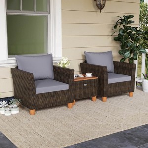 Costway 3 PCS Outdoor Patio Rattan Bistro Furniture Set Wooden Table Top Cushioned Sofa Gray/Black/Beige/Navy - 1 of 4