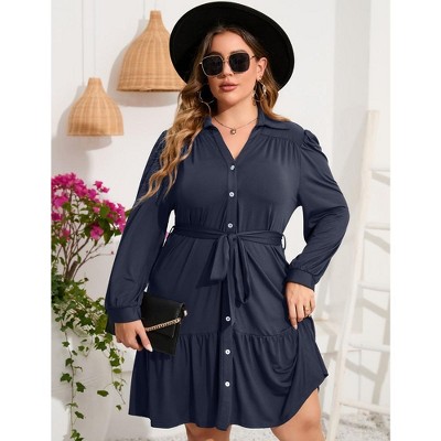 Women's Plus Size Long Sleeve Dress V Neck Button Front Belted Shirt Dress A Line Ruffle Midi Dress