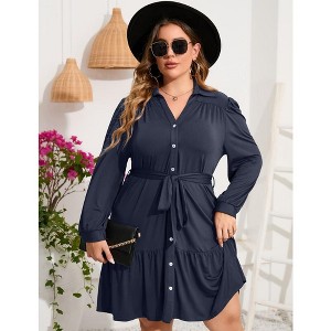 Women's Plus Size Long Sleeve Dress V Neck Button Front Belted Shirt Dress A Line Ruffle Midi Dress - 1 of 4