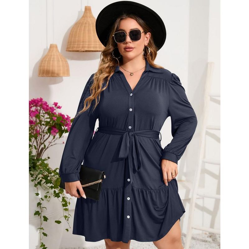 WhizMax Women's Plus Size Dress Long Sleeve Button Front Belted Shirt Dress V Neck Ruffle Midi A Line Shirt Dress, 4 of 10