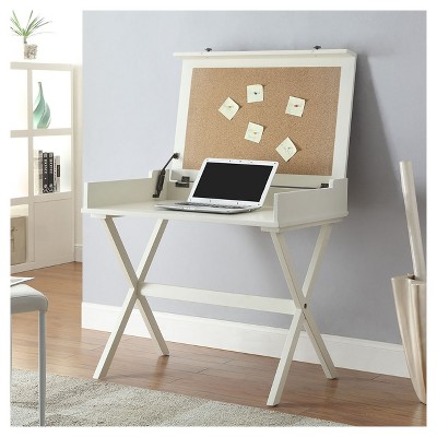 Antique White Wood Flip Top Desk with Cork Board