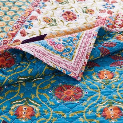 Thalia Full Blue Cotton Reversible Quilt Set with Embroidery