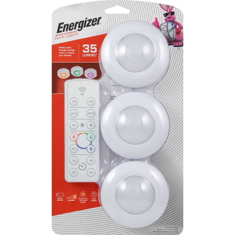 Energizer 3pk LED Puck Light Wireless Color Changing Cabinet Lights with Remote White, 1 of 8