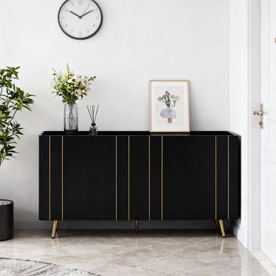 Homy Casa Modern Storage Cabinet with Gold Handles, Four Doors, for Living Room and Dining Room, Black