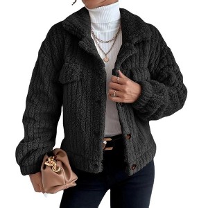 Coolmee Women's Winter Fleece Heating Jacket Button Down Stand Collar with Pockets Coats - 1 of 4