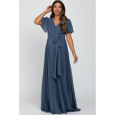 PinkBlush Blue Chiffon Short Sleeve Maternity Maxi Dress