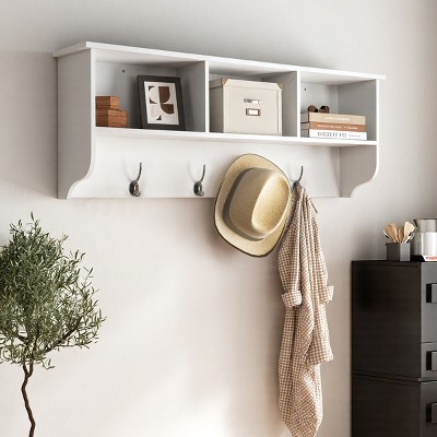 Wall-Mounted Entryway Coat Rack, Wood Shelf with 4 Dual Hooks and 3 Cubbies, Floating Storage Organizer for Hallway or Dining Room–Cuddlewood