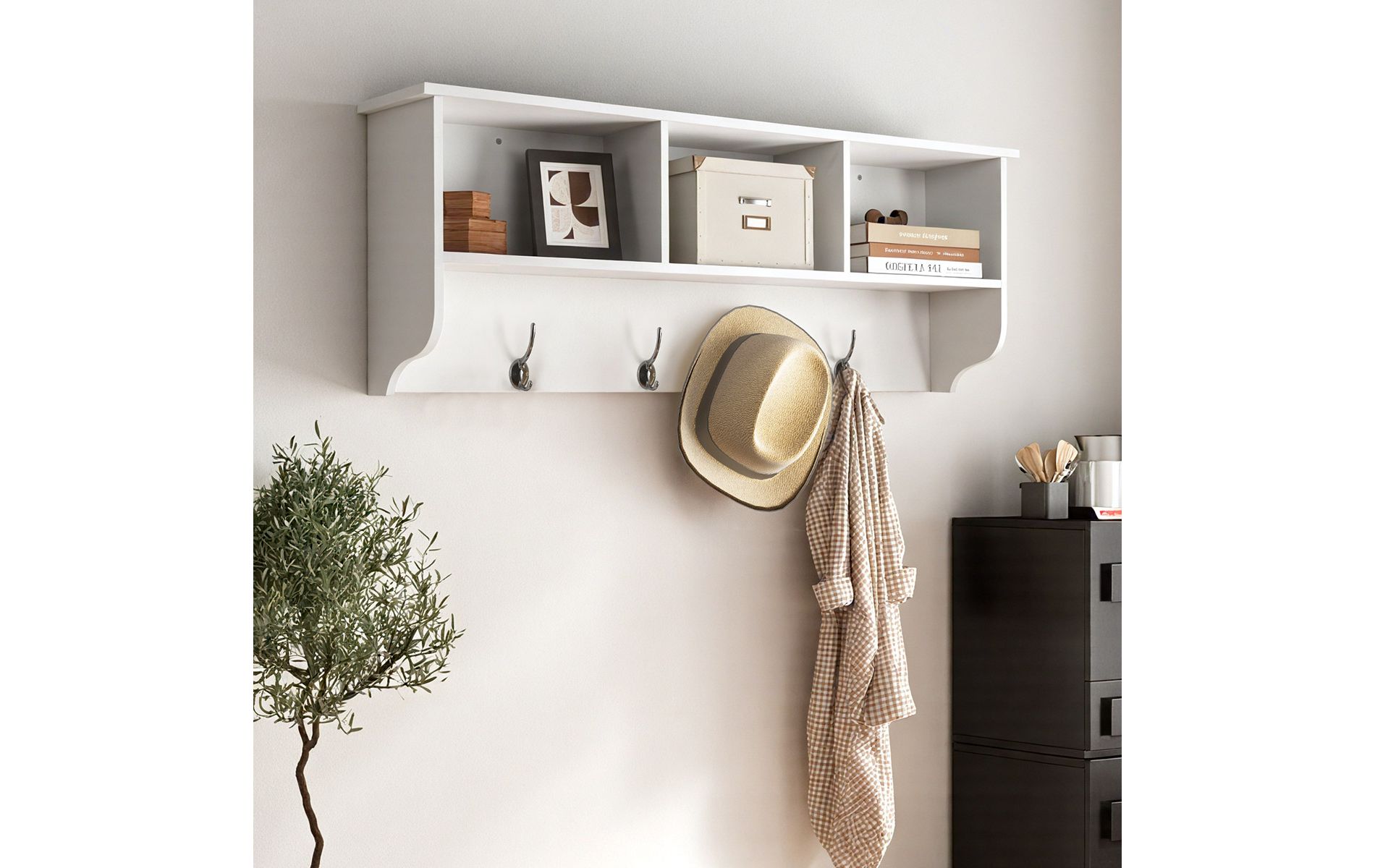 Wall-Mounted Entryway Coat Rack, White Wood Shelf with 4 Dual Hooks and 3 Cubbies, Floating Storage Organizer for Hallway or Dining Room–Cuddlewood