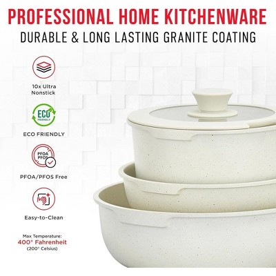 Cream 15-Piece Non-Stick Carbon Steel Cookware Set with Detachable Handles