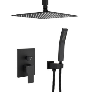 PROOX 2-Handle 2-Spray Square High Pressure Shower Faucet with 10" Ceiling Shower Head in Matte Black (Valve Included) - 1 of 4