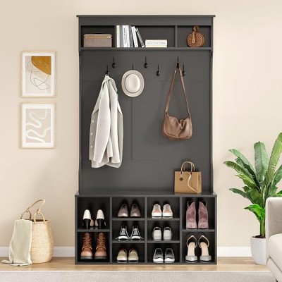 Lirago,70.9-Inch Black Hall Tree with Bench, Shoe Storage & Hooks-Durable Mudroom Entryway Organizer