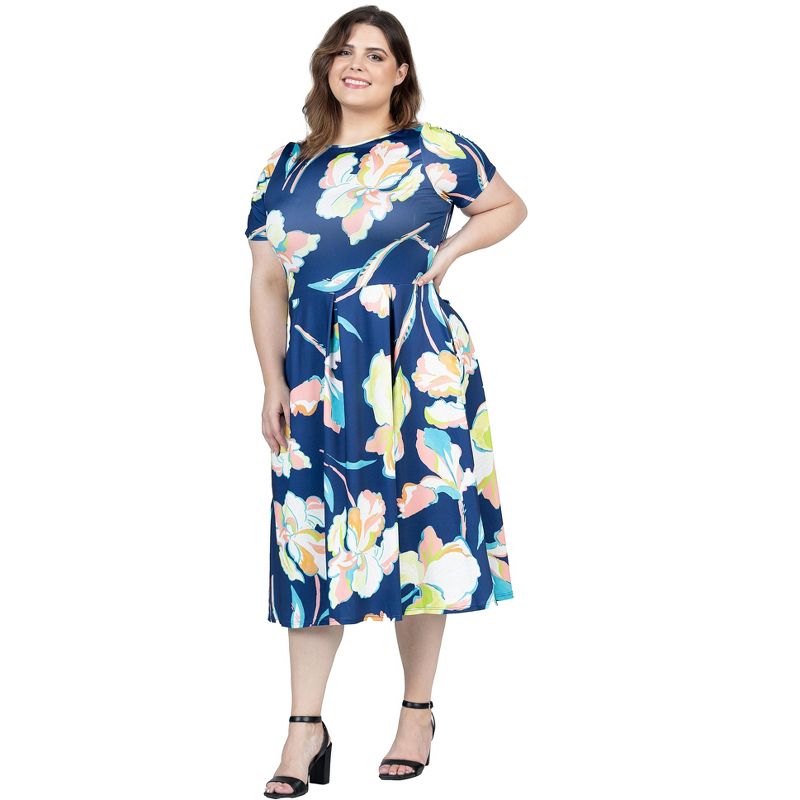 24seven Comfort Apparel Plus Size Blue Floral Short Sleeve Pleated Flare Midi Pocket Dress, 5 of 7