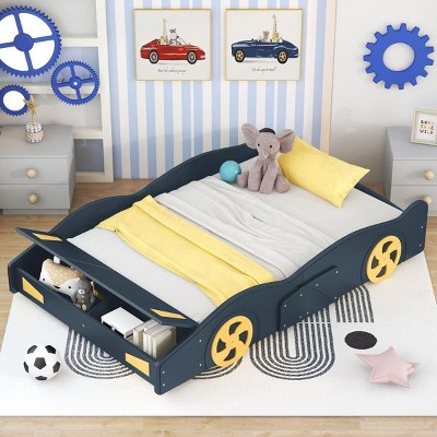 Streamdale Full Size Race Car-Shaped Platform Bed with Wheels and Storage, Dark Blue+Yellow