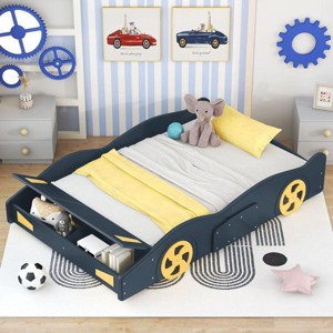 Streamdale Full Size Race Car-Shaped Platform Bed with Wheels and Storage, Dark Blue+Yellow - 1 of 4