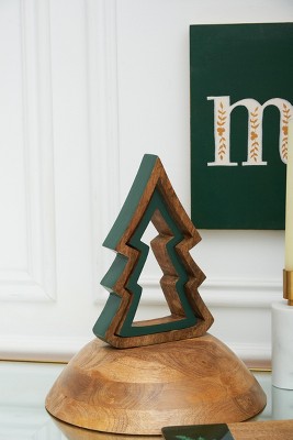 Nested Green and Brown Wooden Christmas Tree Figurine Set
