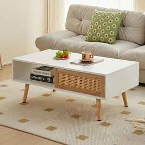 Angel Sar Rattan Coffee Table for Living Room, 41.3in Boho Farmhouse Center Table, Wood - 1 of 4