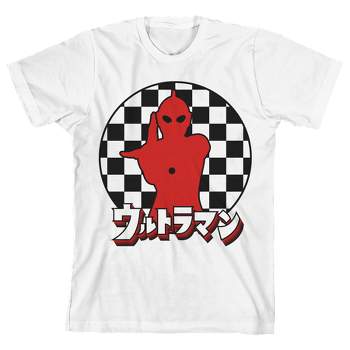 Ultraman Red Character Silhouette with Checkered Background and Kanji Title Youth White Short Sleeve Tee
