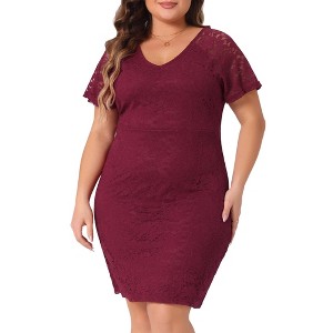 Agnes Orinda Women's Plus Size Elegant Floral Lace Bateau V Neck Short Sleeves Bodycon Dresses - 1 of 4