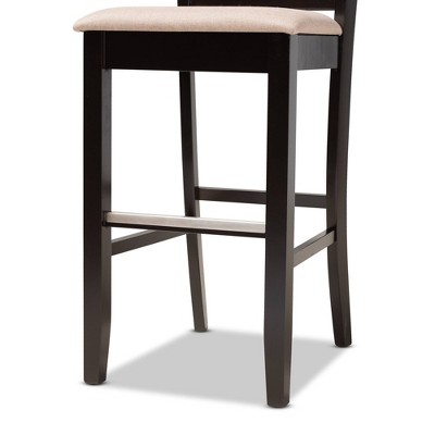 Set of 2 Sand Upholstered Oak Bar Stools with Espresso Finish