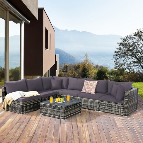 Costway 7pcs Patio Rattan Furniture Set Sectional Sofa Garden Gray