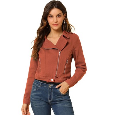 Allegra K Women's Notched Collar Zip Closure Biker Motocycle Denim Jacket