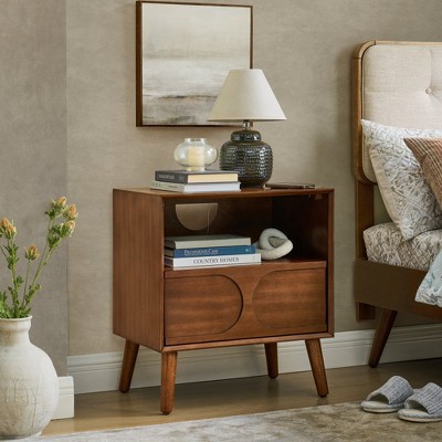 Chic Crate-Mid-Century Fluted Nightstand & Farmhouse End Table – USB Charging w/ Outlet, Open Drawer | 4 Solid Wood Legs | Walnut