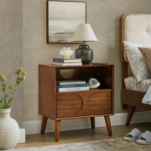 Chic Crate-Mid-Century Fluted Nightstand & Farmhouse End Table – USB Charging w/ Outlet, Open Drawer | 4 Solid Wood Legs | Walnut - 1 of 4
