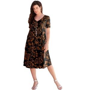 Roaman's Women's Plus Size Petite Ultrasmooth V Neck Swing Dress - 1 of 4