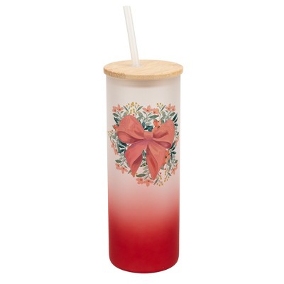Elanze Designs 25 Ounce Frosted Glass Gradient Travel Tumbler With Straw and Wooden Lid, Pink Bow Floral Red