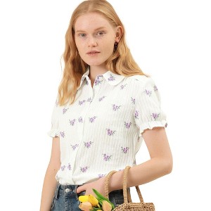 INSPIRE CHIC Women's Peter Pan Frilled Short Sleeve Floral Cotton Top - 1 of 4