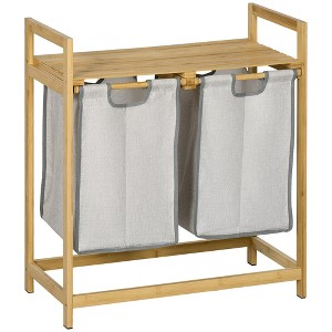 HOMCOM Double Laundry Hamper, Bamboo Laundry Basket with Storage Shelf, 2 Pull-Out and Removable Bags, 2 x 10.7 Gallons, Natural Wood and Dark Gray - 1 of 4