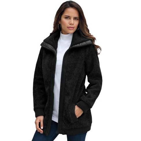 Roaman's Women's Plus Size Textured Fleece Bomber Coat, 6x - Black