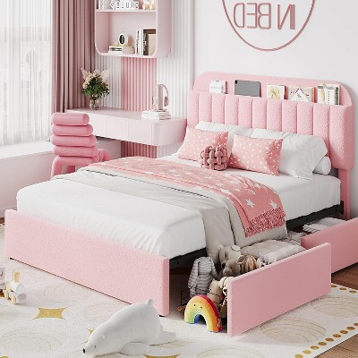 Kids Boucle Upholstered Bed Frame with Bookcase Headboard and 2 Storage Drawers, Noise-Free Platform Bed