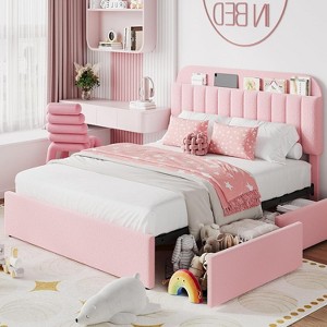 Kids Boucle Upholstered Bed Frame with Bookcase Headboard and 2 Storage Drawers, Noise-Free Platform Bed - 1 of 4