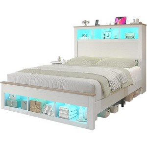 AMERLIFE Bed Frame with Bookcase Storage Headboard, LED Light and Charging Station - 1 of 3