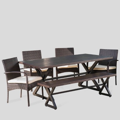 Palermo 6pc Aluminum &#38; Wicker Patio Dining Set - Brown - Christopher Knight Home: Weather-Resistant with Bench &#38; Cushions