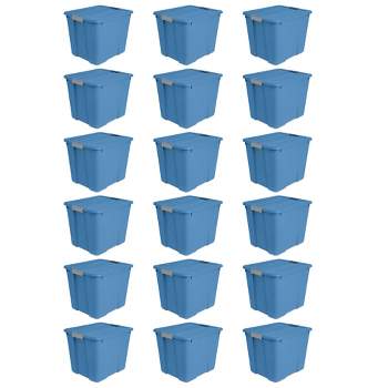 Sterilite 20 Gallon Latch Tote with In Molded Handles, Robust Latches, and Contoured End Panels for Home Storage Bins, Blue Ash (18 Pack)