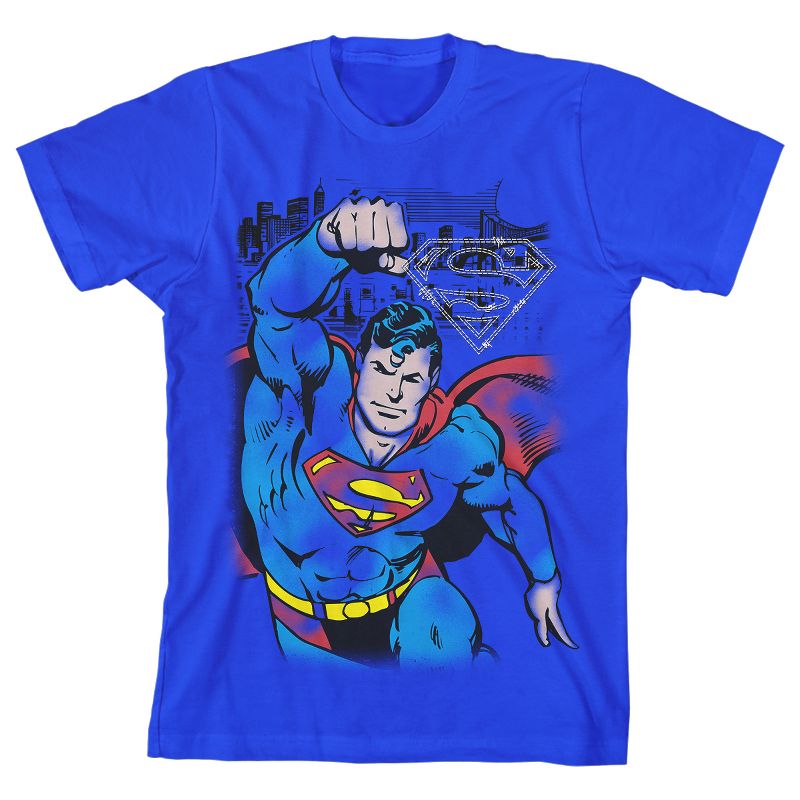 Superman Flying Pose Superhero Youth Royal Blue Graphic Tee, 1 of 4