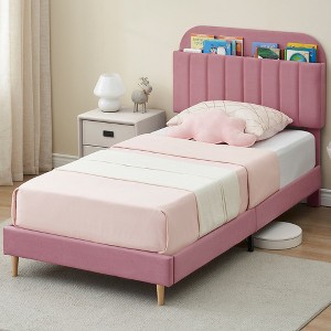 Twin Size Bed Frames, Velvet Upholstered Platform Bed Frame with Storage Headboard and Strong Wooden Slats, Noise-Free/Easy to Assemble - 1 of 4