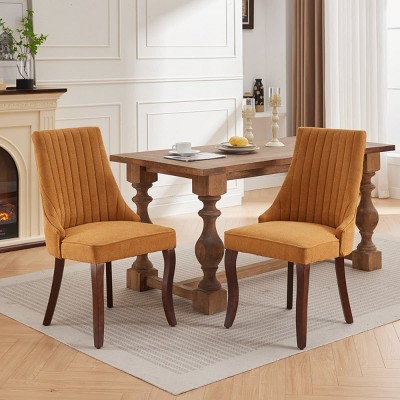 Set of 2 High Back Dining Chairs,Comfy Upholstered Seating with Triple Support System,Curved Solid Wood Legs,Beige Fabric Accent Chairs-The Pop Home