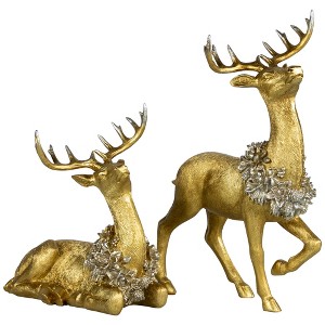 Northlight Reindeer with Wreaths Christmas Figurines - Gold - Set of 2 - 1 of 4
