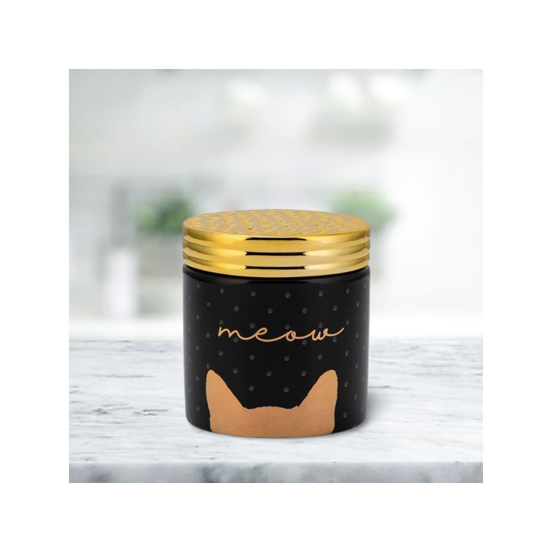 Amici Pet Meow Cat Ceramic Treats Canister Jar with Lid, 18 oz. , Black Gold, 4 of 8