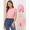 INSPIRE CHIC Women's Vintage Crew Neck Puff Sleeve Casual Plaid Gingham Blouse - 2 of 4